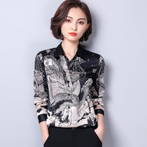 European station Ocnltiy shirt womens long-sleeved 2021 spring new fashion printing slim silk satin womens clothing