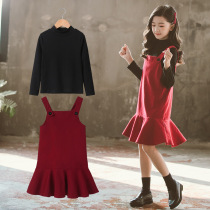 Girls spring and autumn dress set 2022 new Korean version of the western style childrens middle and big childrens strap skirt two-piece set