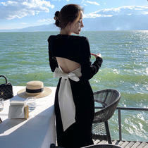 Black French temperament light luxury celebrity design sense niche long dress velvet dress annual banquet dress woman