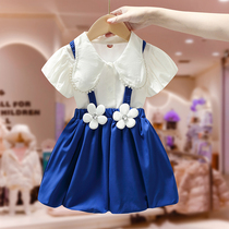 Girls' dress summer suit 2022 new children's suit little girl Xia Yanqi Princess blue ribbon skirt