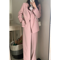 YouZIQI Grapefruit Ki Pink suit pants new high waist slim and relaxed loose vertical straight pants