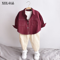 Boys long-sleeved shirt 2021 new childrens clothing baby spring childrens wine red shirt boys spring and autumn childrens clothes
