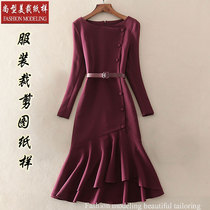 New long sleeves one-piece dress paper-like spring autumn season fish tail dress with hip and female dress boilerplate tailoring drawings