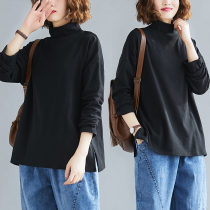 Half-height collar long sleeve undershirt woman 2022 spring autumn new loose big code display slim inner lap black T-shirt blouses
