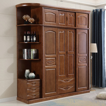 Solid wood rubber wood four-door push-pull moving door corner wardrobe engraving flower-trip door storage closet can top combine Chinese style