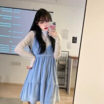 Two single pieces suit Korean Wind Chic soft glutinous little genie gentle blue autumn and winter inner lap matte velvet hanging band dress