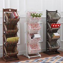Storage basket Woven Multilayer Solid Wood Cloth Art Fields Garden Book Newspaper Rack Storage Rack shelf Living room floor containing basket