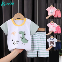 Childrens cotton T-shirt set summer baby mens and womens two-piece shorts short sleeve new shoulder buckle top pants set