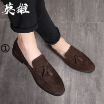 Inglén Stream suede leather shoes male trend One foot pedal sloth bean-bean shoes genuine leather pointed frosted sleeve footed lefu shoes