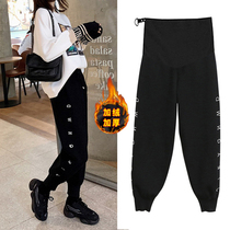 Pregnant women pants winter plus velvet thickened outer wear fashion casual pants underbelly embroidered Haren pants lamb velvet leggings