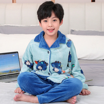 Childrens flannel pajamas boys home clothes winter boy middle-aged baby plus velvet thick coral velvet suit