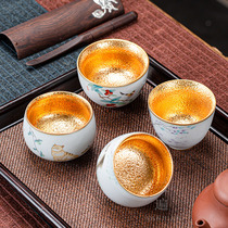 Three times gilt-glazed Ruyao teacup master cup Single cup large open piece can raise ceramic tea cup Health cup Hand-painted
