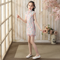 Girls Chinese style improved thin cheongsam dress childrens Chinese style Tang costume costumes spring and autumn short-sleeved lace