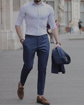 Four seasons new European and American mens slim-fit hidden blue nine-point fashion free ironing small feet crimped trousers trendy men