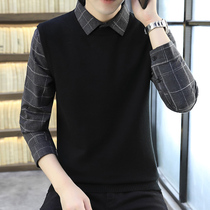 Fake two shirt collar sweater men plus velvet thickened autumn Korean trend mens plaid base wool sweater