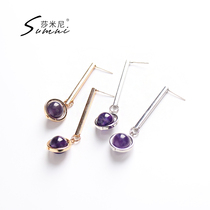 Japan and South Korea version of temperament long ring 925 silver earrings Tide people simple temperament amethyst face thin earrings female