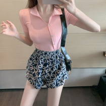 2020 Summer new solid color lapel T-shirt short sleeve jacket foreign style high waist slim loose embroidered shorts womens clothing