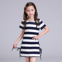 Pro-baby boutique children's clothing girls dress shorts two-piece set of children's summer navy blue striped fashion suit