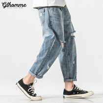 Autumn new nine-point perforated jeans mens loose straight Korean version of the trend wild nine-point small feet pants tide brand