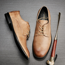 Mens shoes Spring Korean version of business casual shoes formal leather shoes leather round head lace-up flat shoes Mens breathable shoes