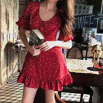 Red doll collar dress 2021 new summer floral A- line dress V collar slim waist retro skirt children