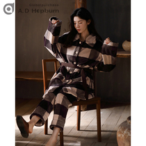 Coral velvet pajamas womens autumn and winter style plush thick and warm long plaid nightgown set womens flannel housewear