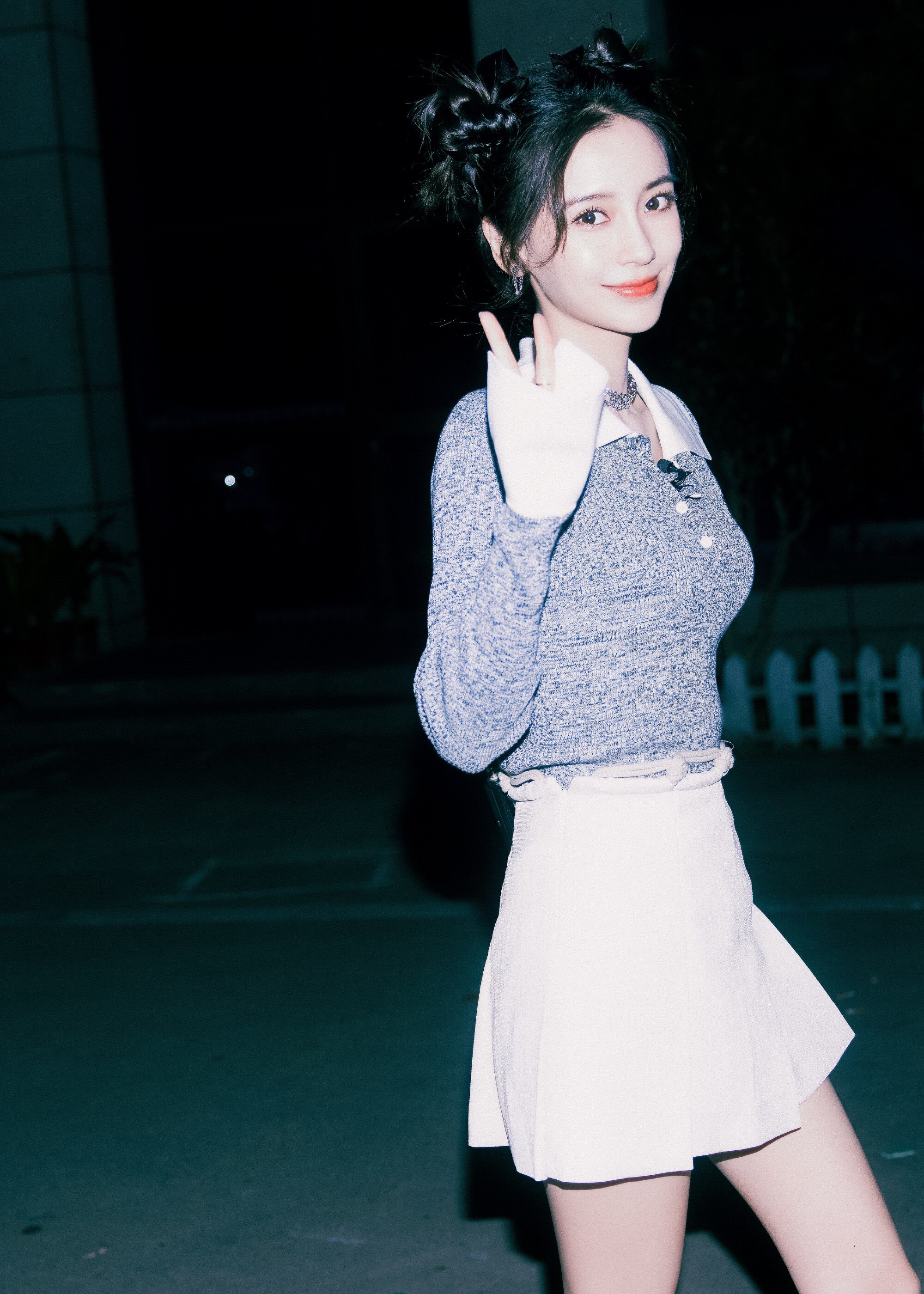明星杨颖baby同款2021早秋灰色字母拼接毛衣女针织衫假两件上衣潮