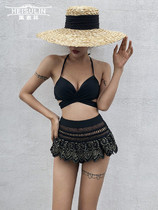 Korean high waist split swimsuit womens skirt style slim hollow strap neck black sexy hot spring bikini