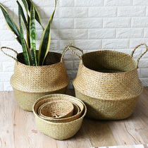 Pu grass woven flower pot flower basket Handmade folding retro storage basket Decorative basket storage basket storage basket portable basket