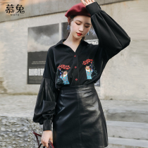 Hong Kong taste vintage embroidery long-sleeved v-neck shirt womens autumn 2021 new design niche bubble sleeve Western style top