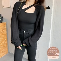 Wang grape slightly fat mm early autumn new wool knitted cardigan camisole two-piece suit black thin sweater female