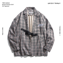 Hong Kong taste trendy men Japanese retro plaid suit jacket Korean version of the trend boyfriend style couple loose casual suit