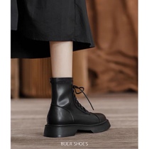 Fried Street Martin Boots Woman 2021 Spring Autumn New Thick Bottom Short Boots Inside heightening Inn Wind Black soft skinny skinny boots