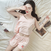 Korean fresh pajamas womens summer cotton sleeveless short sleeved student sexy home clothes summer sling two-piece suit