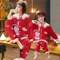 Stardell's parent-child pajamas red standard-life girl foreign air suit spring and autumn pure cotton long sleeve girl home clothes