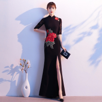 High-end Walking Show Qipao Woman 2022 New black long style Classical Performance with Temperament China Wind Fish Tail Gown