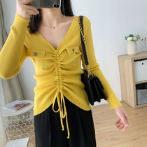 Fat sister New plus size fake pocket vneck drawstring womens long sleeve sweater sweater knitwear 2020 Autumn New Coat