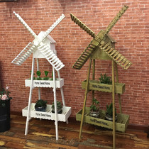 Pastoral style creative decoration home balcony soft wooden windmill flower frame shop window floor display large flower stand