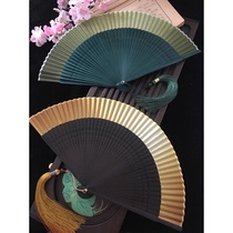 Japanese-style Japanese and wind folding fan kimono fan silk female fan small flower carving gradient blank fan Golden Green