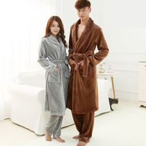 Japanese nightgown couple suit Flannel winter thickened long-sleeved trousers Coral velvet pajamas mens loose home clothes
