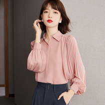 Pink Snowspun Shirt Woman Fall 2021 New Foreign Air Weight Reduction Lantern Sleeve Blouse Loose Cover Tummy Cardiovert