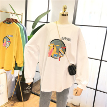 Spring Lazy Korean Cartoon Pattern Back Print Loose Large Size Frayed New Years Long-sleeved Bottoming Shirt T-Shirt Women