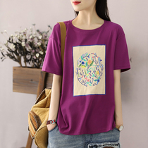 Han Soyi ethnic wind printing 2021 Summer high elastic cotton t-shirt female short sleeves Chains Chaogang windfall blouses