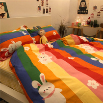 Rainbow Four Sets Nordic Wind Ins Girl Nets Red Beds Three Sets New Washed Cotton Linen Quilt Cover Dormitory 4