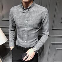 Hong Kong fashion men long sleeve shirt 2021 Autumn New Korean slim solid color striped casual shirt Mens