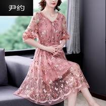Yin Yo Embroidery Genuine Silk Dress Woman Summer 2022 New High-end Temperament Mom Veil of Belly Mulberry Silk Minus-age Dresses