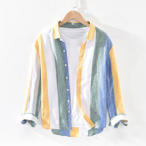 Summer fashion Joker color striped linen shirt men long sleeve hipster Korean trend handsome cotton shirt