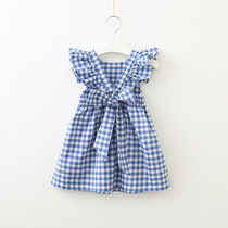 Childrens clothing 2021 summer new girls bow plaid dress backless flying sleeve princess dress cotton European and American style