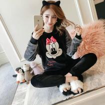 Autumn and winter flannel pajamas womens long-sleeved warm suit womens cute cartoon thickened coral velvet pajamas womens winter