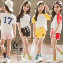 2022 Korean version of the summer girl's pure cotton sleeve suit fashion middle school children's leisure shorts two sets of tide